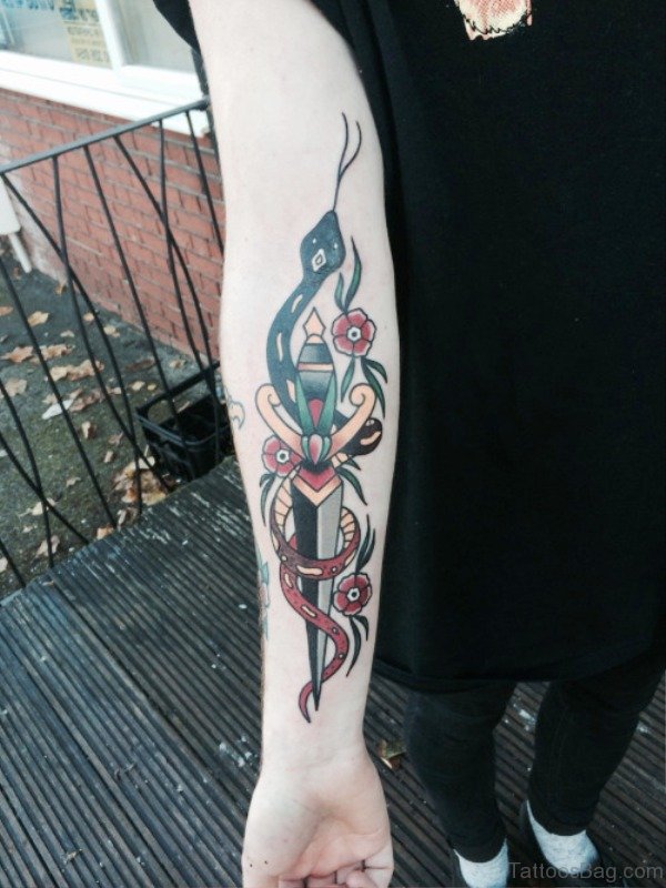 Tremendous Dagger Tattoo On Arm