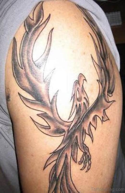 Tribal Black And Grey Phoenix Shoulder Tattoo