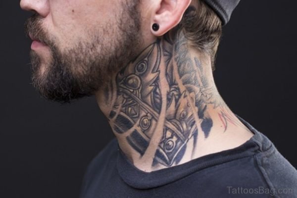 Tribal Black And Grey Tattoo On Side Neck