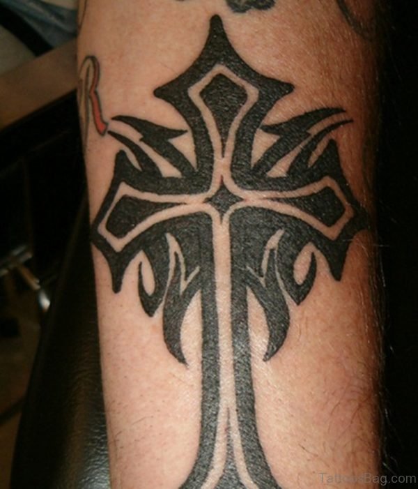 Tribal Cross Tattoo On Leg 