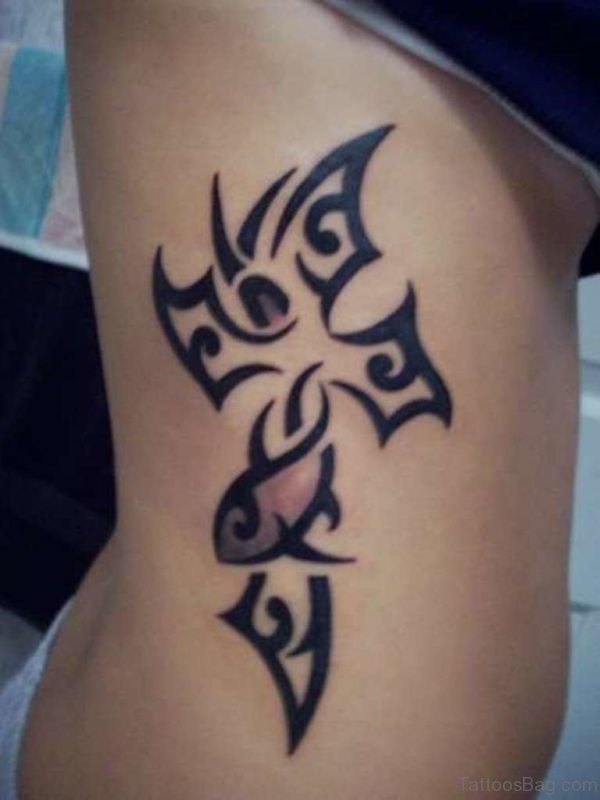 Tribal Cross Tattoo On Rib