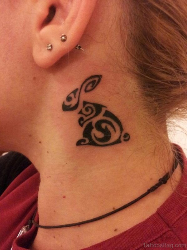 Tribal Rabbit Tattoo On Neck