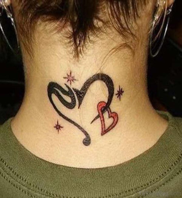 Tribal Red Heart Tattoo On Neck