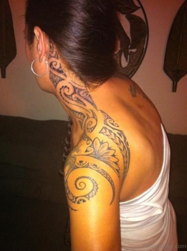 Tribal Tattoo On Left Shoulder