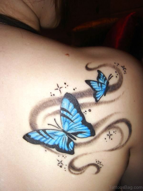 Two Blue Butterfly Tattoo On Right Shoulder