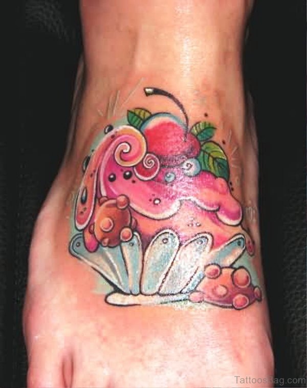 Unique Colorful Cupcake Tattoo On Foot