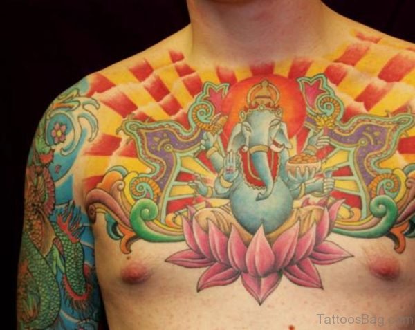 Unique Ganesha On Lotus Tattoo On Man Chest