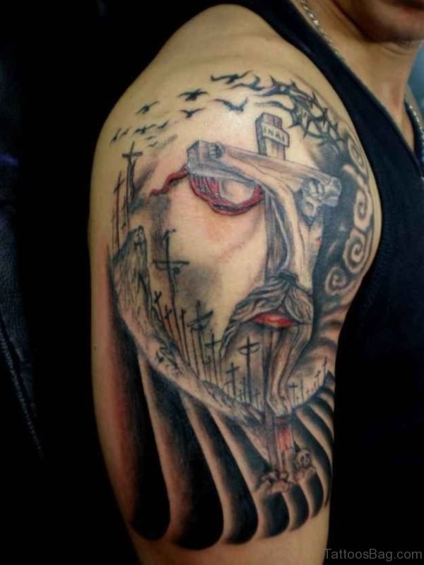 Unique Jesus Tattoo On Shoulder