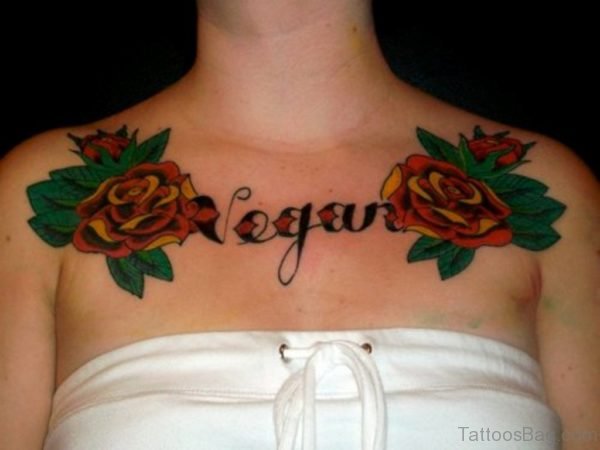 Vegan Name With Roses Tattoo On Girl Chest