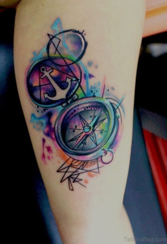 Watercolor Anchor Compass Tattoo