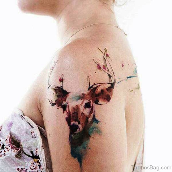 Watercolor Buck Tattoo On Shoulder