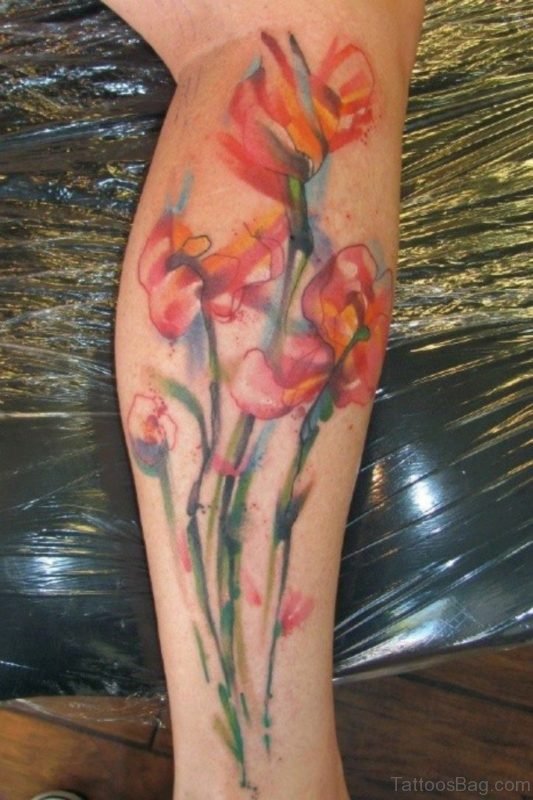 Watercolor Flower Tattoo On Leg
