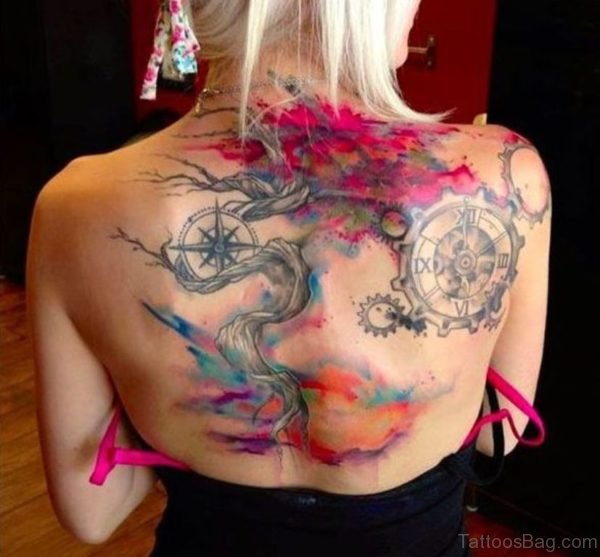 Watercolor Tree With Compass Tattoo On Girl Upper Back