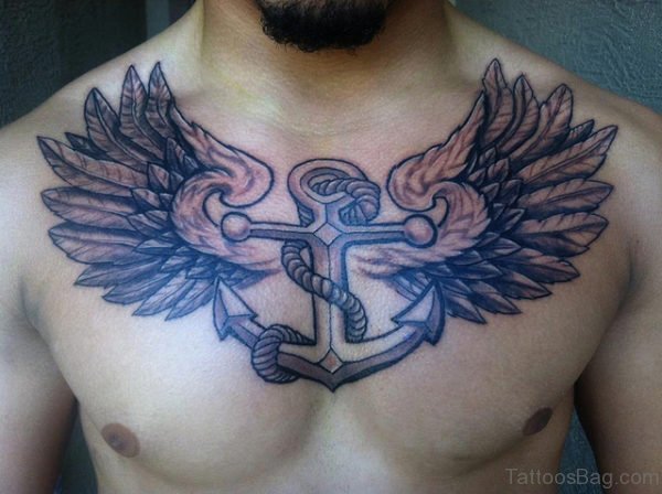 Winged Anchor n Rope Tattoo On Chest