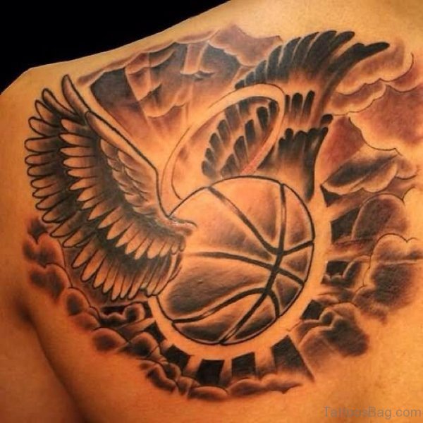 Winged Basketball In Clouds Tattoo