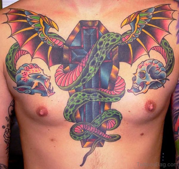 Winged Coffin With Snake Tattoo On Chest