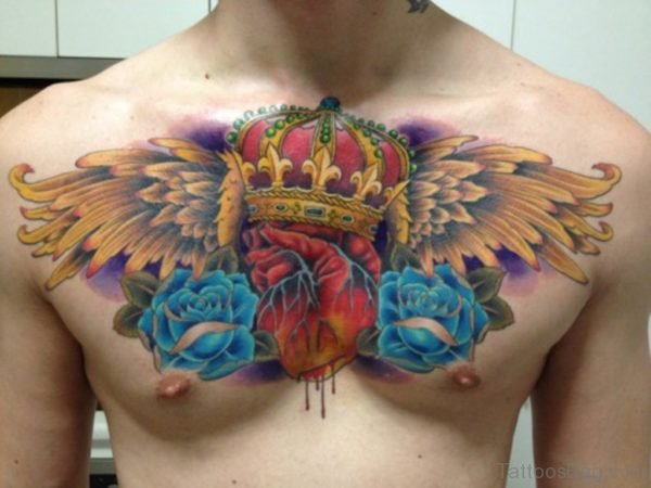 Winged Crown And Blue Rose Tattoo On Chest