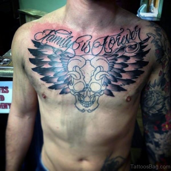 Winged Skull Tattoo On Chest 