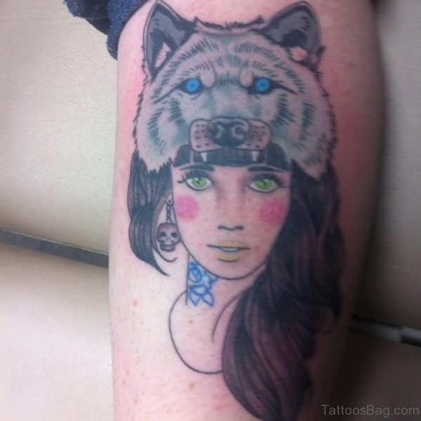 Wolf And Girl Face Tattoo