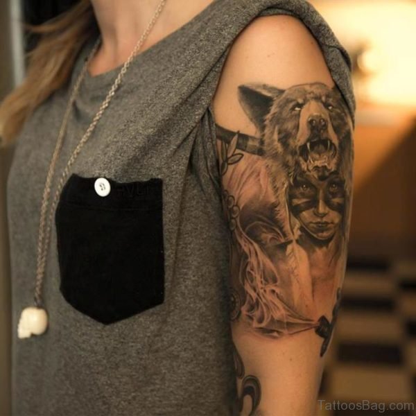 Wolf And Portrait Girl Tattoo