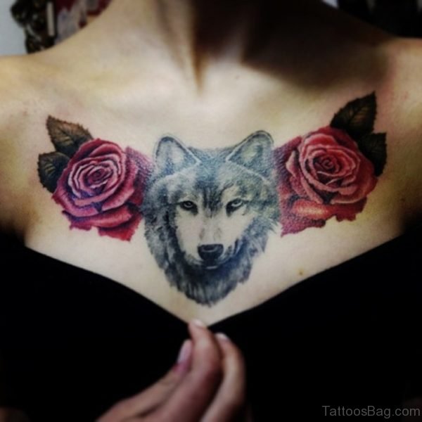 Wolf And Rose Tattoo On Chest