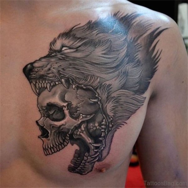 Wolf And Skull Tattoo On Chest