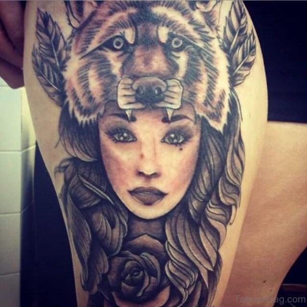 Wolf Girl Head Tattoo On Thigh