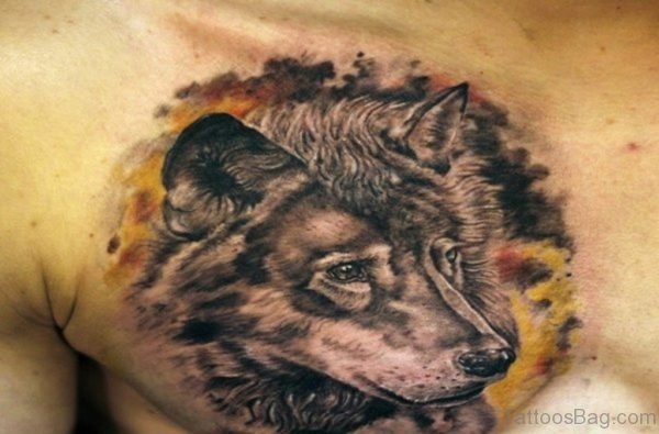 Wolf Head On Right Side of Chest Tattoo