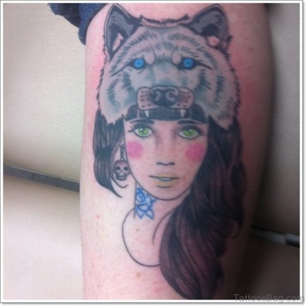 Wolf Hood Girl Leg Calf Tattoo