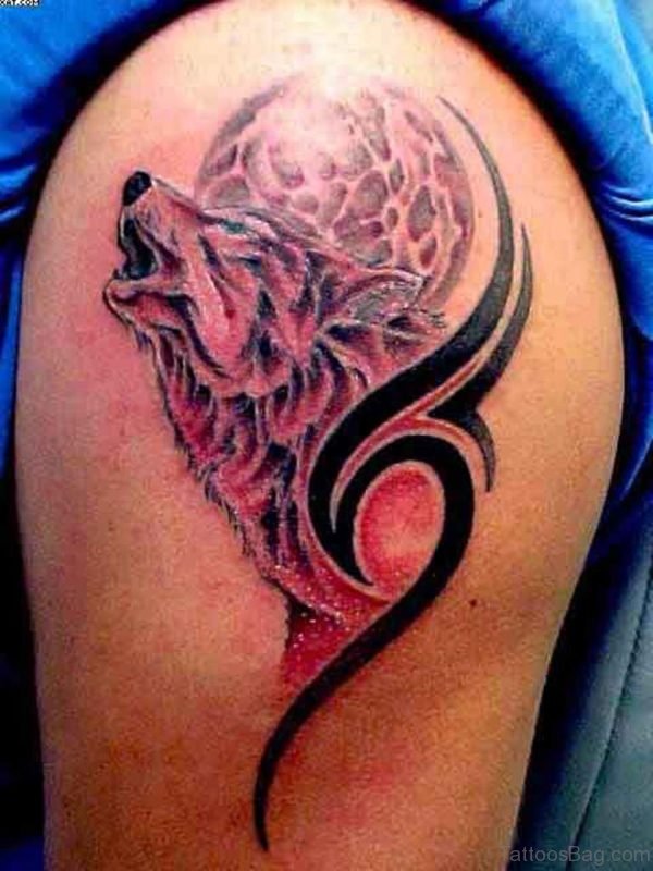 Wolf Howling Moon Tattoo On Shoulder