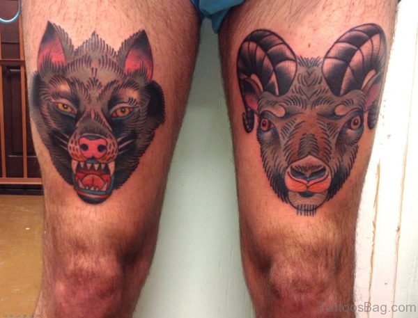 Wolf Sheep Head Tattoos On Thigh