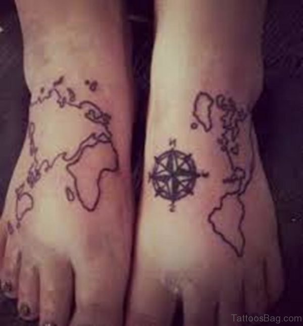 Wonderful Compass And Map Tattoo Designs On Foot