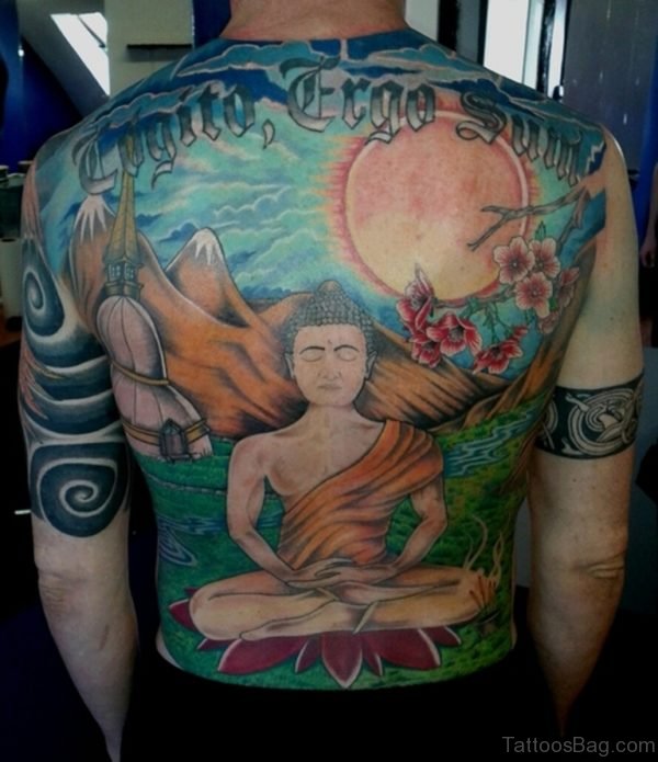 Wonderful Religious Buddha Back Piece Tattoo Design