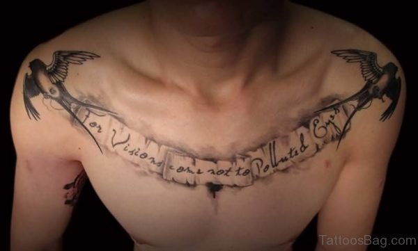 Wording And Bird Tattoo On Chest 
