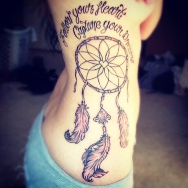 Wording And Dreamcatcher Tattoo On Rib