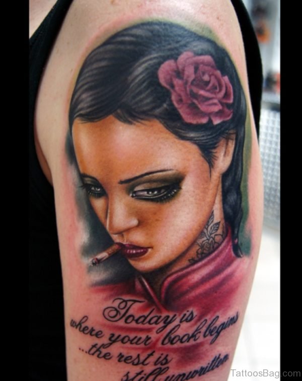 Wording And Girl portrait tattoo On Shoulder