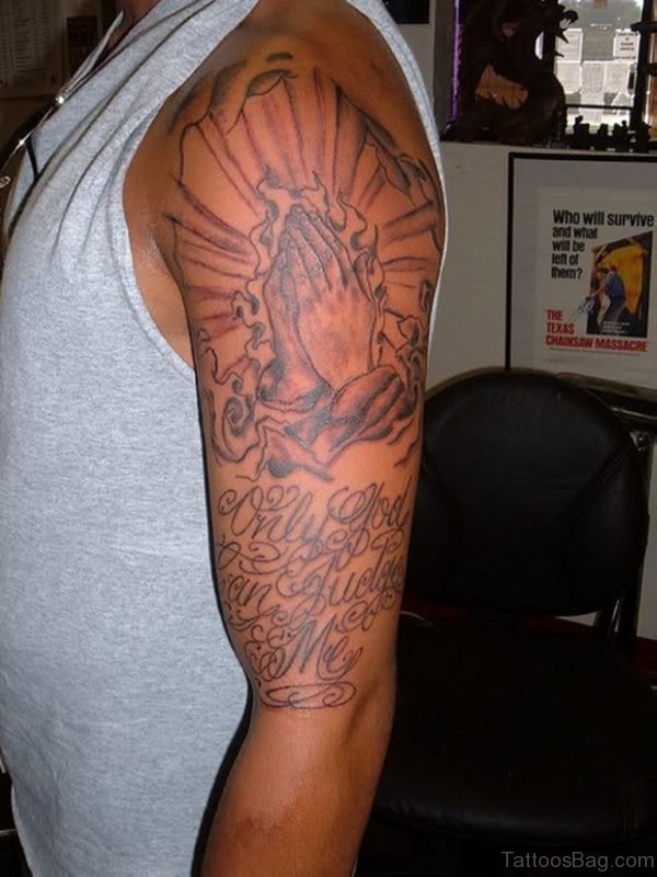 Wording And Praying Hands Tattoo On Shoulder