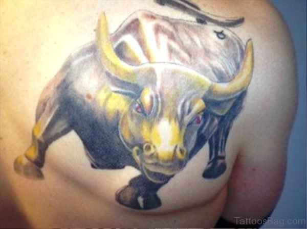 Yellow Bull Tattoo On Back Shoulder