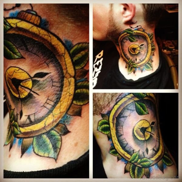 Yellow Clock Tattoo On Neck 