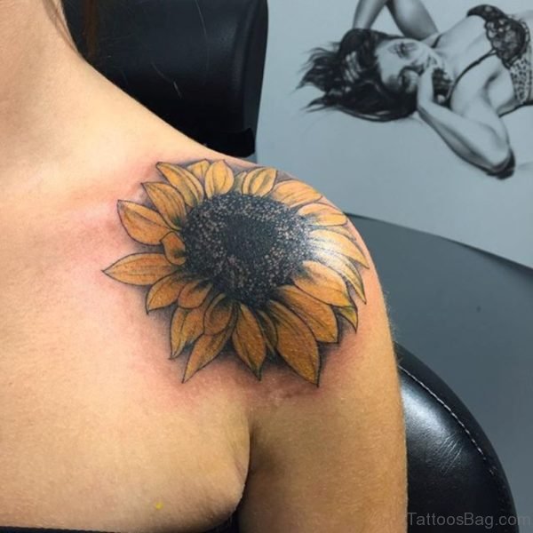 Yellow Sunflower Tattoo Design On Front Shoulder