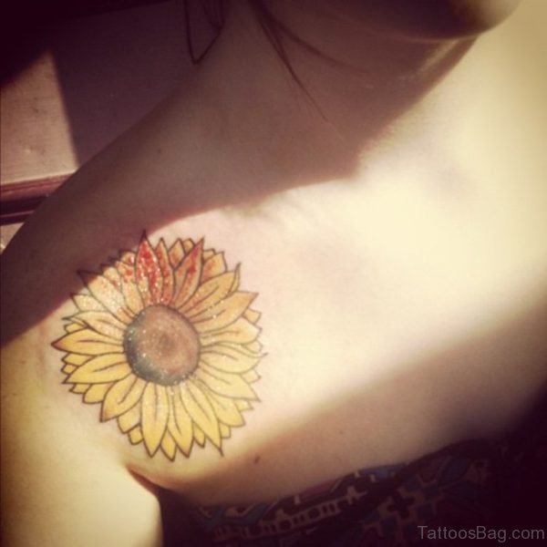 Yellow Sunflower Tattoo On Front Shoulder