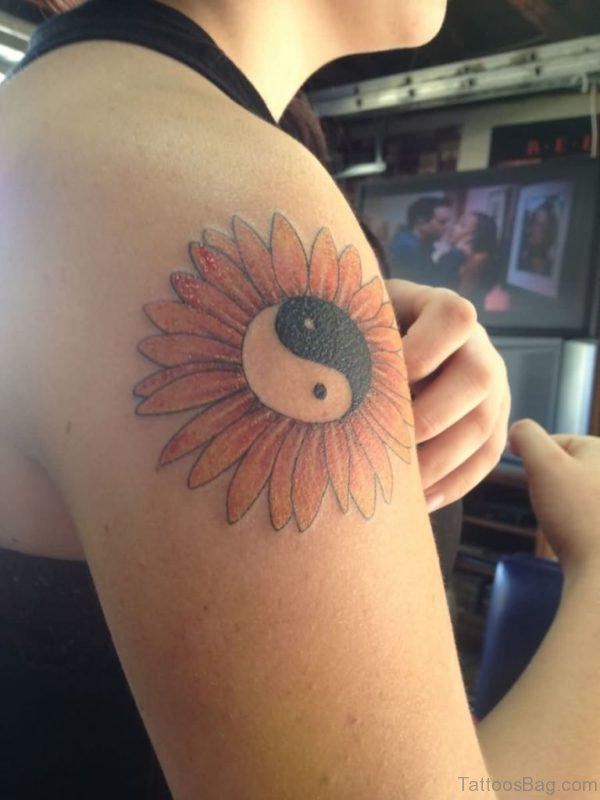 Yin Yang Sunflower Tattoo On Right Shoulder