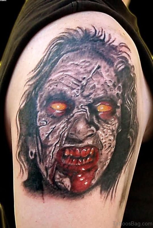 Zombie Face Tattoo On Shoulder