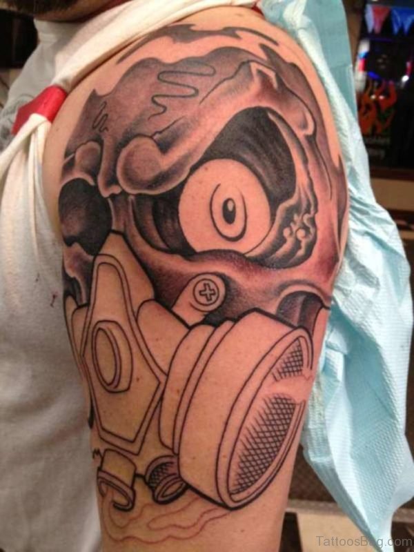 Zombie Gas Mask Tattoo On Shoulder 