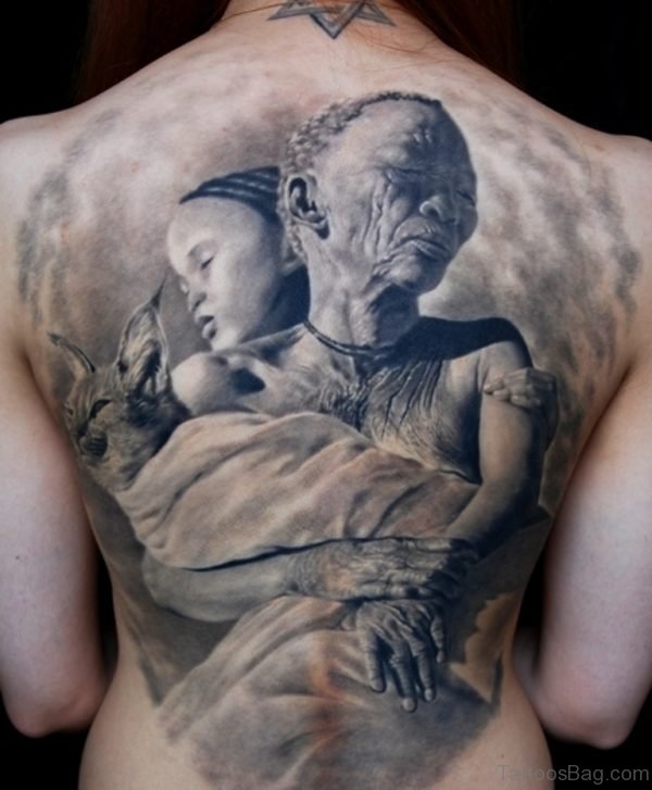African Woman Holding Cat and Child Tattoo On Back