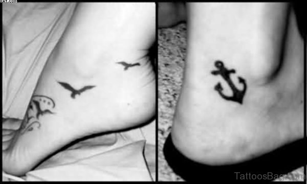 Ittle Birds And Anchor Tattoos On Ankles
