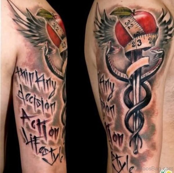 VMarvelous Snake Apple Tattoo Design On Man Shoulder