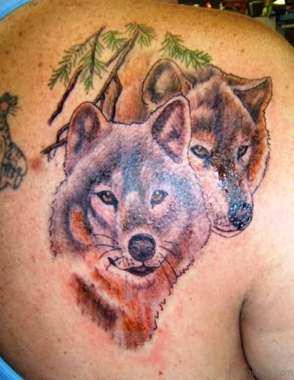 2 Alpha Wolves Tattoo Design On Back