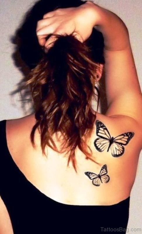 2 Black Butterfly Tattoos On Shoulder
