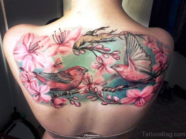 2 Cute Birds With Flowers Tattoo
